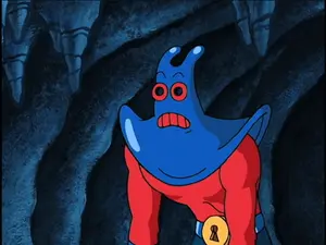 A Cartoon Character With A Keyhole Belt And Blue Gloves