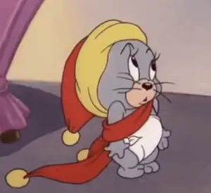 A Cartoon Cat Wearing A Hat And Scarf Is Standing On A Floor .