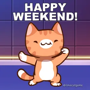 A Cartoon Cat Is Dancing With The Words Happy Weekend Behind It