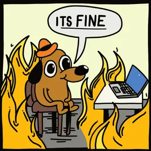 A Cartoon Of A Dog Sitting In Front Of A Laptop With A Speech Bubble Saying It 'S Fine