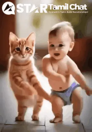 A Baby And A Cat Standing Next To Each Other With A Star Tamil Chat Logo Above Them