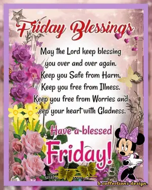 A Friday Blessings Card With Flowers And Minnie Mouse On It