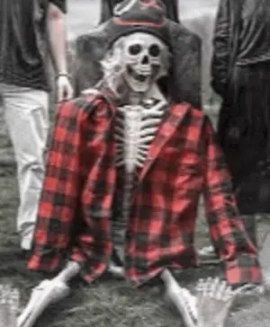 A Skeleton Wearing A Plaid Shirt And Hat Is Sitting In The Grass