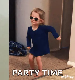 A Little Girl Wearing Sunglasses And A Blue Dress Dancing With The Words Party Time Behind Her