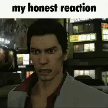A Man Is Making A Funny Face In A Video Game With The Words `` My Honest Reaction '' Written Above Him .