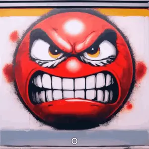 A Red Smiley Face With Big Teeth Is Spray Painted On A White Wall
