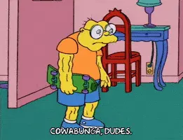 A Cartoon Of A Man Holding A Skateboard With The Words Cowabunga Dudes Below Him