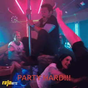 A Man Sitting On A Pole With The Words Party Hard Written On The Bottom
