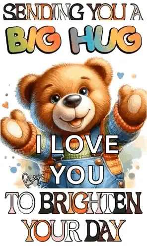 A Teddy Bear Is Wearing Overalls And A Sweater And Is Sending A Big Hug .
