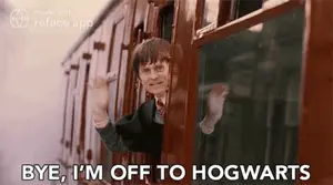 A Man Is Waving Out Of A Train Window And Saying Bye , I 'M Off To Hogwarts .