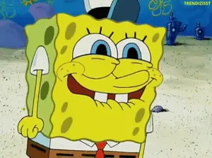 A Cartoon Character Named Spongebob Is Smiling And Holding A Shovel In His Hand