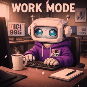 A Robot With A Purple Hoodie That Says Digi On It Is Typing On A Computer