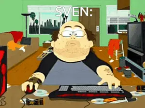 A Cartoon Of A Man Playing A Video Game With The Name Sven Written On The Bottom
