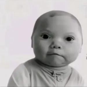A Black And White Photo Of A Baby Wearing A Sweater With A Button On It
