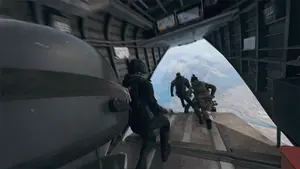 A Group Of Soldiers Are Jumping Out Of A Plane With A Sign That Says " Caution "