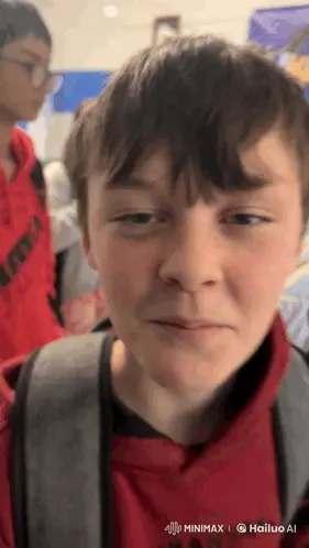 A Young Boy Wearing A Red Sweatshirt And A Backpack Looks Sad