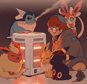 A Group Of Pokemon Sitting Around A Heater With A Boy In The Middle