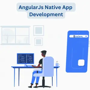 An Illustration Of A Man Sitting At A Desk With The Words Angular Js Native App Development Above Him