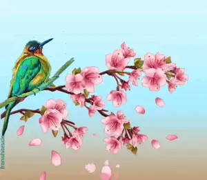 A Colorful Bird Is Perched On A Branch With Pink Flowers And The Word Good Written Above It
