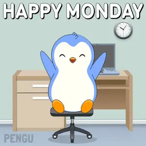 A Penguin Sits At A Desk With The Words Happy Monday
