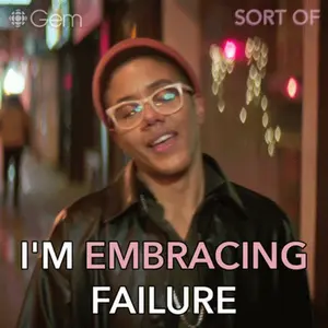 A Man Wearing Glasses And A Hat Says " I 'M Embracing Failure " In Pink Letters