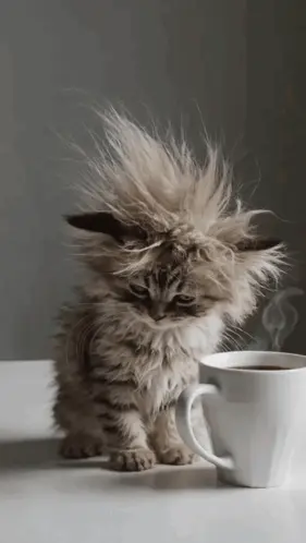 A Fluffy Kitten Sitting Next To A Cup Of Coffee On A Table