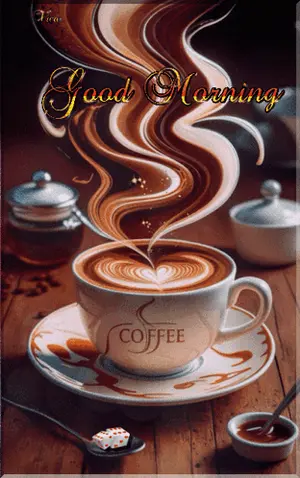 A Cup Of Coffee With Steam Coming Out Of It And The Words Good Morning Written On The Bottom