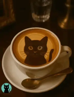A Cup Of Cappuccino With A Black Cat On The Foam