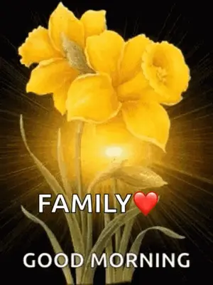 A Bouquet Of Yellow Flowers With The Words Family Good Morning On It