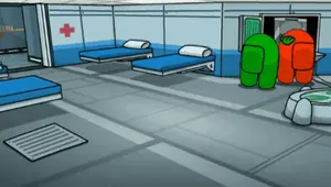 A Cartoon Drawing Of A Hospital Room With Beds And A Red Cross On The Wall