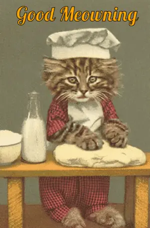 A Cat Wearing A Chef 'S Hat And Apron Kneading Dough With The Words Good Meowning Below It