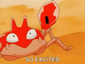 A Cartoon Drawing Of A Red Crab With The Words So Excited Below It