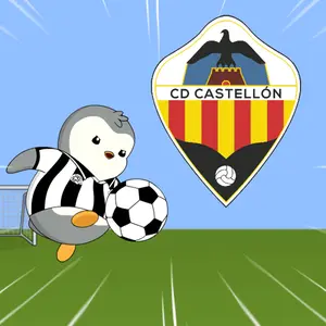 A Cartoon Of A Penguin Kicking A Soccer Ball In Front Of A Cd Castellon Logo
