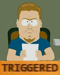A Cartoon Man Holding A Piece Of Paper Behind A Sign That Says Triggered On It