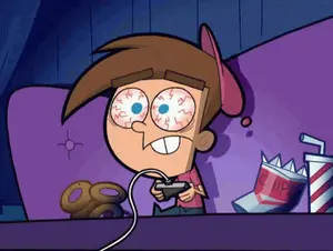 A Cartoon Character Is Playing A Video Game With A Bag Of Chips Behind Him