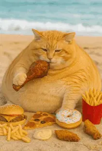 A Fat Cat Is Eating A Chicken Leg On A Sandy Beach