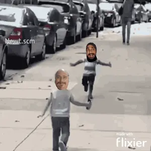 Two Men Are Running Down A Sidewalk With Their Faces On Them And The Words Made With Flixier At The Bottom