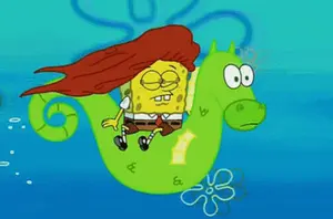 A Cartoon Of Spongebob Riding A Green Seahorse In The Water