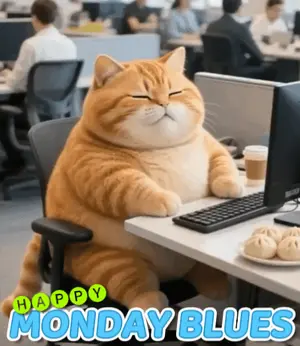 A Cat Is Sitting At A Desk With The Words Happy Monday Blues