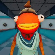A Cartoon Fish Is Wearing A Helmet And Scarf And Standing In A Hallway .