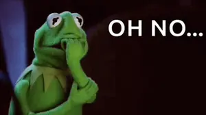 Kermit The Frog Is Covering His Mouth With His Hand And The Words `` Oh No '' Are Behind Him .