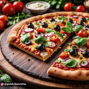 A Pizza With Tomatoes Onions Olives And Basil On It