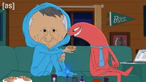 A Cartoon Of A Man In A Blue Hoodie And A Red Monster With A Boss Banner Behind Them
