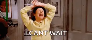 A Woman Is Laughing With Her Hands In Her Hair And The Words `` I Can T Wait '' Written On The Bottom .