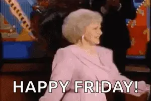 A Woman Is Dancing In Front Of A Television With The Words `` Happy Friday '' Written Below Her .