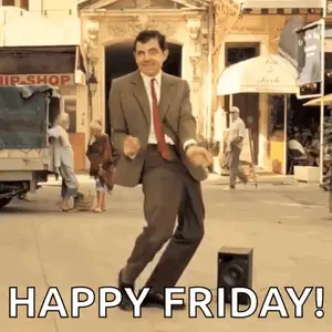 A Man In A Suit And Tie Is Dancing On A Street With The Words Happy Friday .