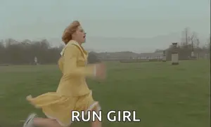 A Woman In A Yellow Dress Is Running In A Field With The Words `` Run Girl '' .
