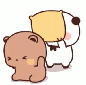 Two Cartoon Bears Are Standing Next To Each Other And One Is Holding A Yellow Pillow .