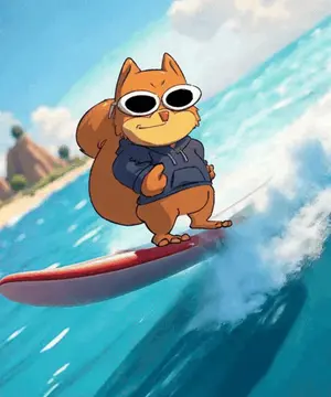 A Cartoon Squirrel Is Riding A Wave On A Surfboard In The Ocean