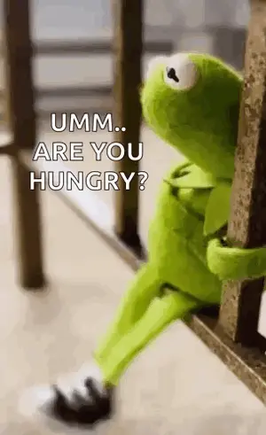 Kermit The Frog Is Sitting On A Bench And Looking At The Camera While Saying `` Umm ... Are You Hungry ? ''
